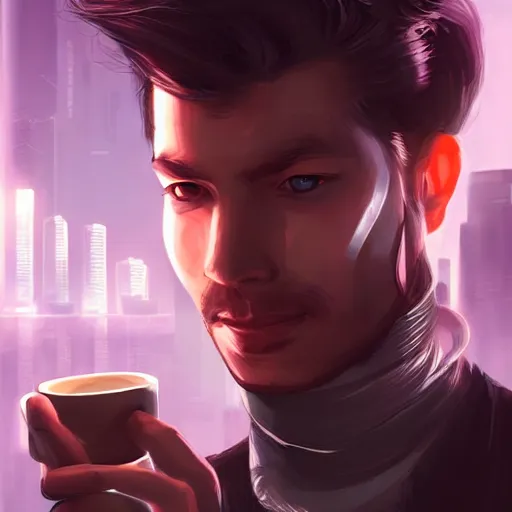 Image similar to portrait of a handsome startup CEO having a cup of coffee. cyberpunk style, digital art artstation cgsociety