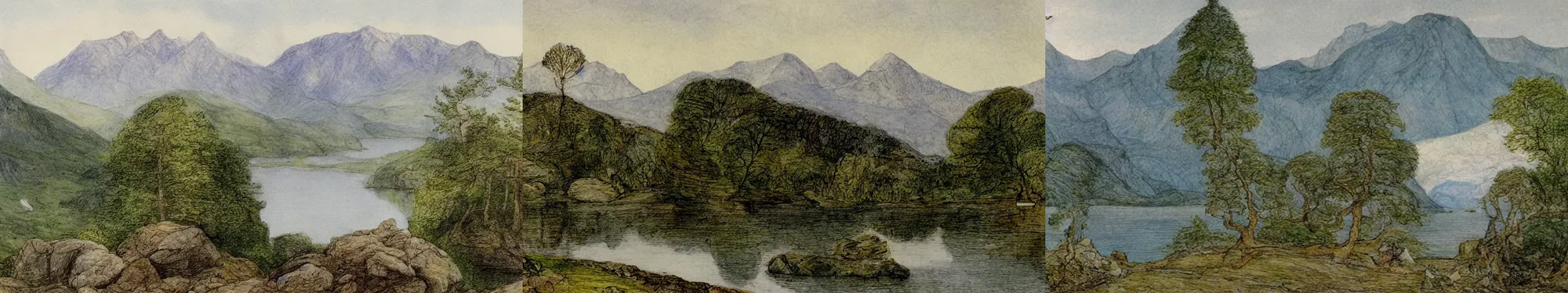 Prompt: mountains, trees, and lake, by beatrix potter