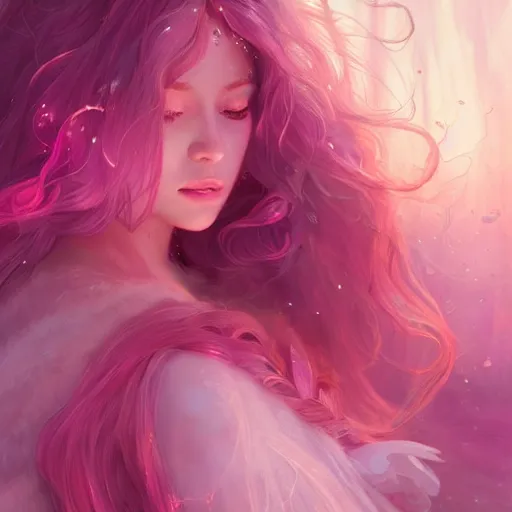 Prompt: fae princess with long flowy pink hair, shimmery skin, detailed background, moonlight streaming through window, cinematic lighting, highly detailed, digital painting, trending on artstation, pixiv, concept art, sharp focus, illustration, art by ross tran and wlop