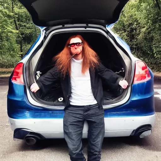Prompt: full body photo of a guy with chestnut hair long hair glasses roped into the trunk of a car with tape on mouth