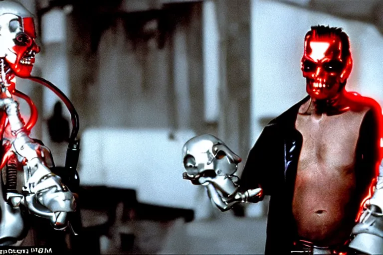 Image similar to Jack Nicholson plays Terminator, his one yes glow red, scene where his endoskeleton is exposed, still from the film