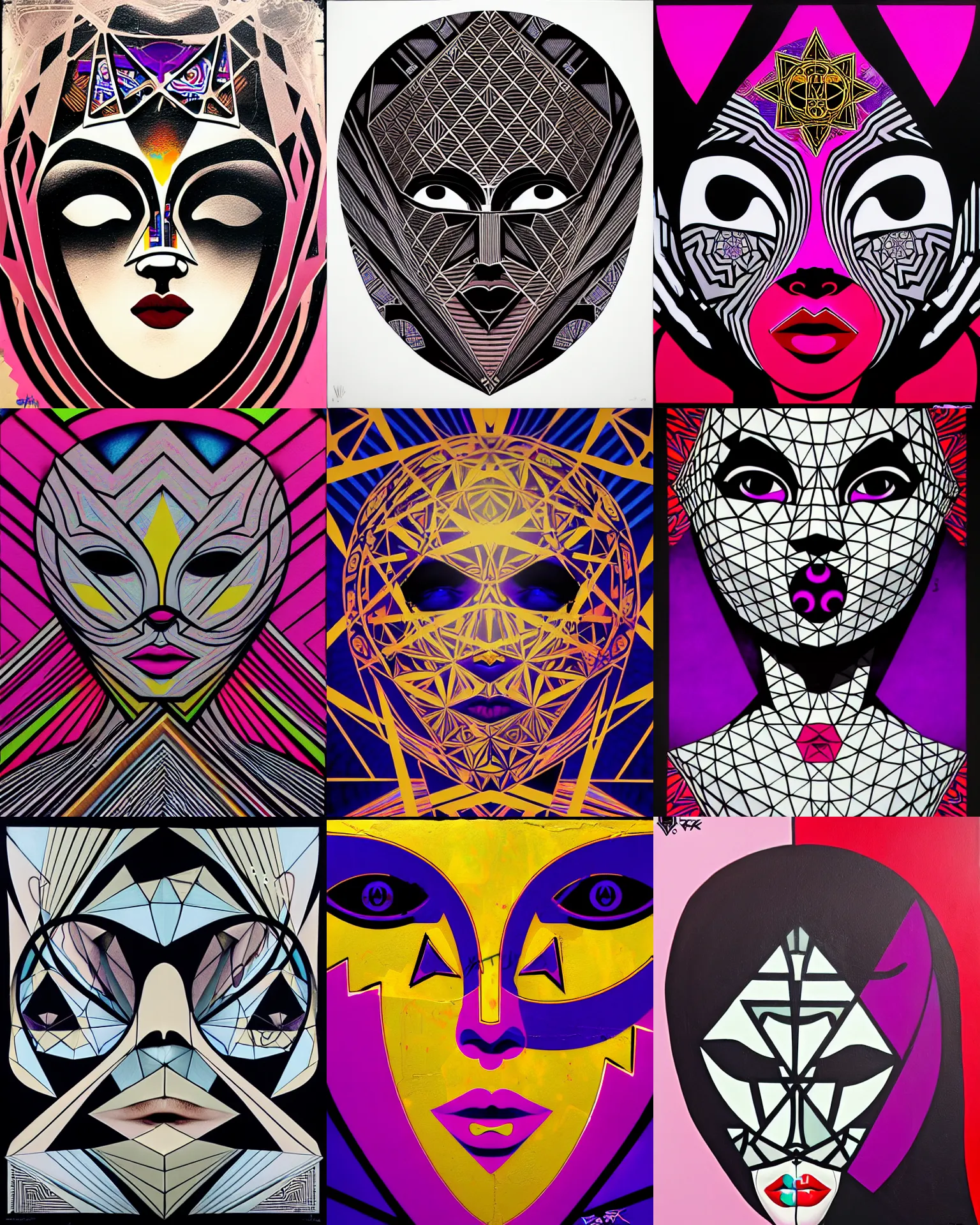 Prompt: masked girl, shards and fractal of infinity, graffiti, highly detailed, simple, no jagged lines, smooth, artstation, centered artwork by shepard fairey, artwork by victor vasarely