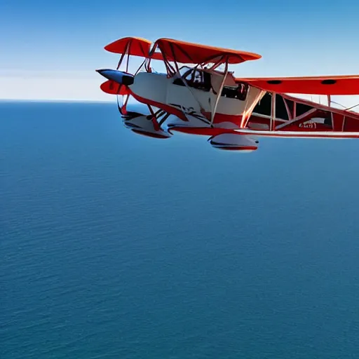 Image similar to hunter s. thompson flying a biplane over a beautiful oceanscape, 4 k,