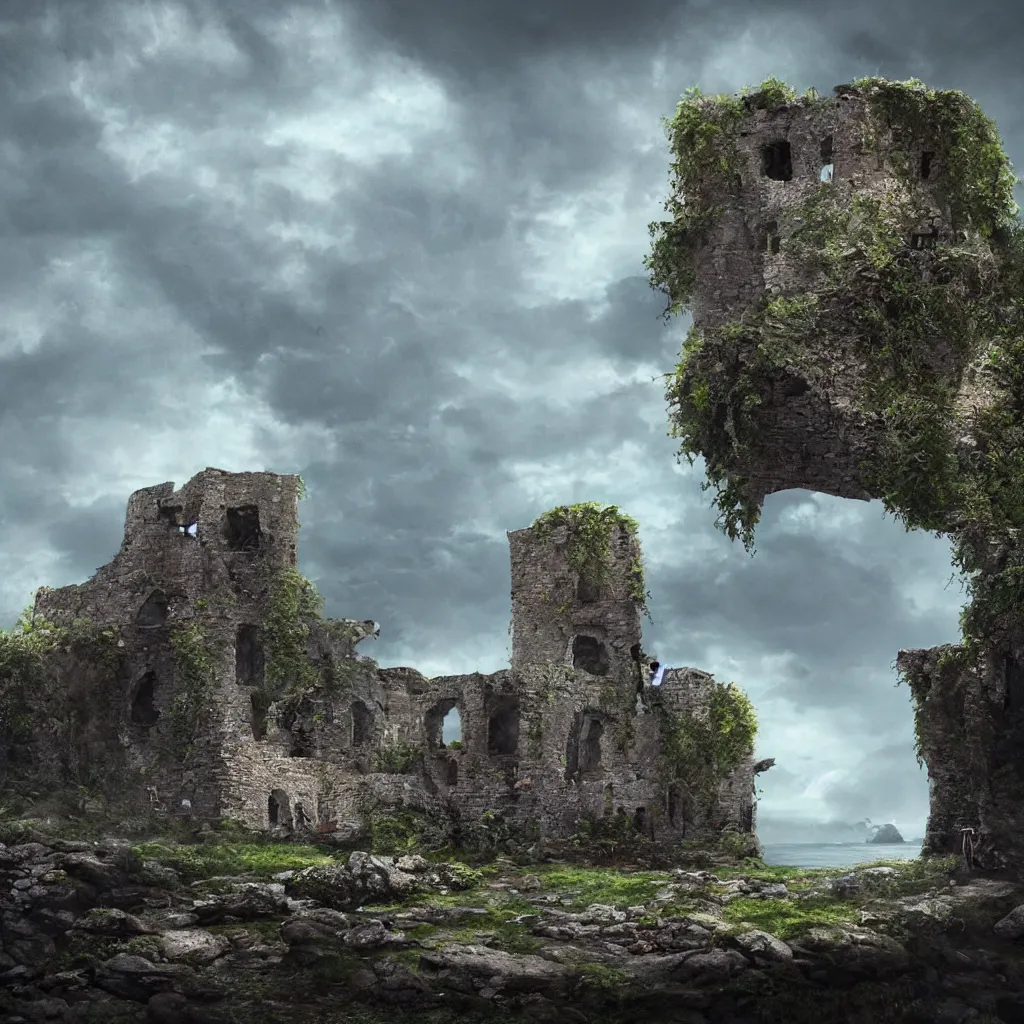 Image similar to looking up at a ruined castle on a small island only reachable by a small land bridge, 8 k, ultra realistic cinematic, intricate, cinematic light, concept art, illustration, art station