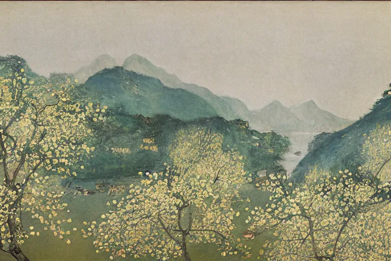 Image similar to an ultradetailed landscape painting of scenic westlake in china hangzhou, light yellow may flowers blossoms nearby, autumn wind, chinese water color, smooth, by hilma af klint