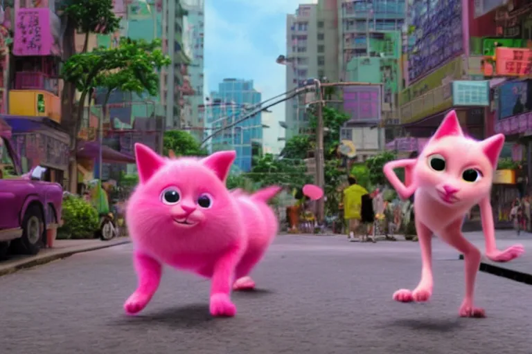 Image similar to film still from a pixar movie about a pink cat causing trouble in taipei