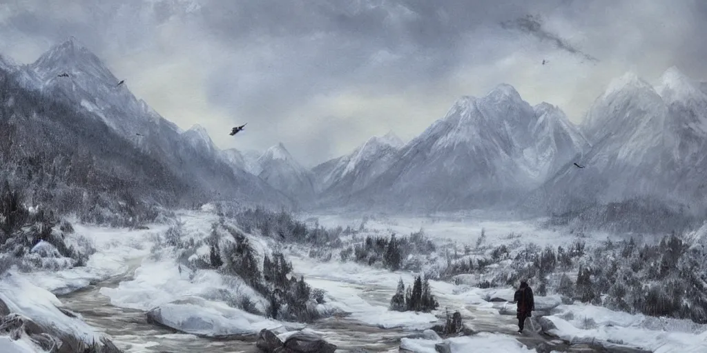 Image similar to A majestic landscape featuring a river, mountains and a forest. A small group of birds is flying in the sky. Harsh winter. very windy. There is a man walking in a deep snow.Camera is positioned behind the man. Cinematic, very beautiful, painting in the style of Lord of the rings