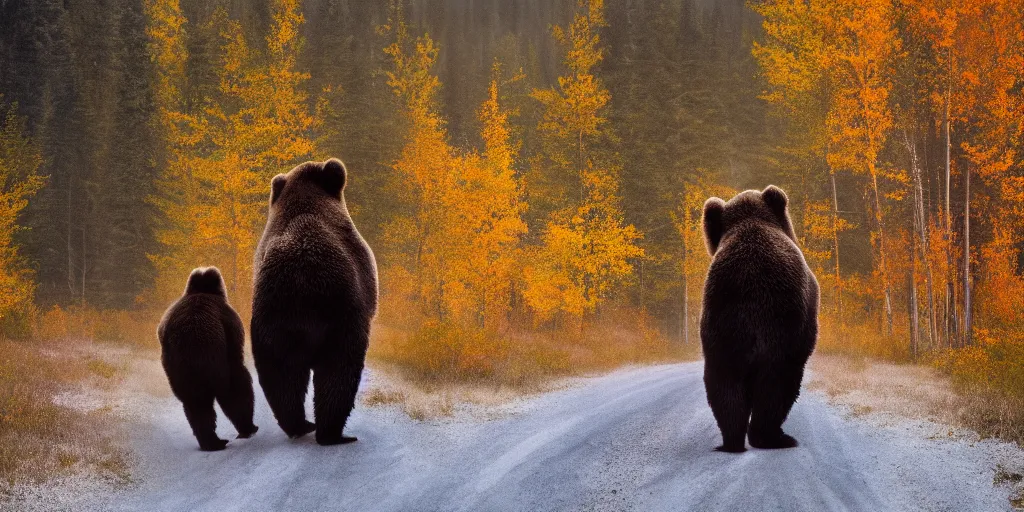 Image similar to back of bob ross riding on the back of brown bear in alaska at fall season, outdoor lighting, realistic, photo, national geographic photo, volumetric, fog