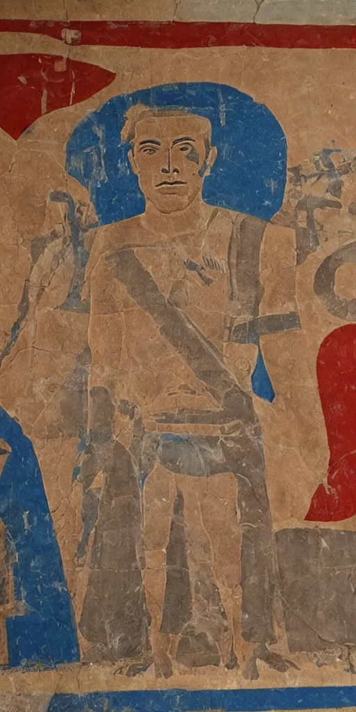 Image similar to sumerian mural of elon musk with ancient car