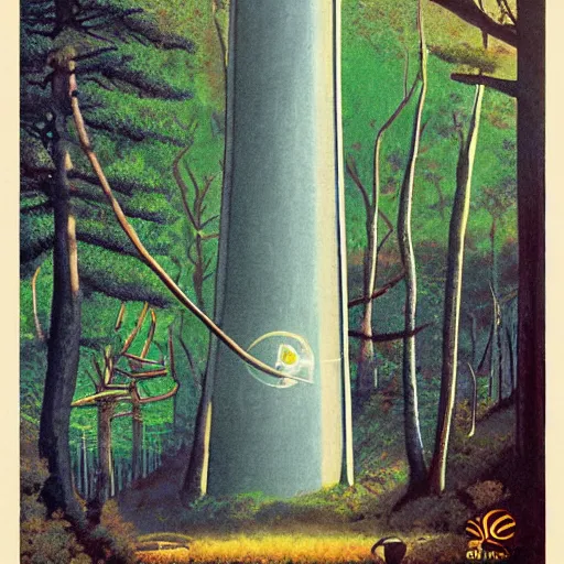 Prompt: tower in a forest, 70s fantasy poster