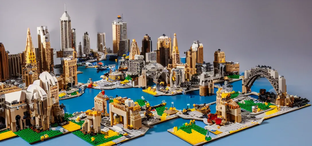 Image similar to detailed lego build of sydney on basement table, professional photo, professional lighting, HDR