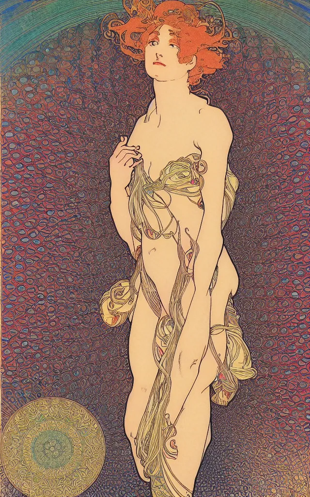 Prompt: wave, particle, synth, frequencies, pattern, oscillation. wave-particle duality. colorful, vibrant. by jean giraud nad by Mucha.