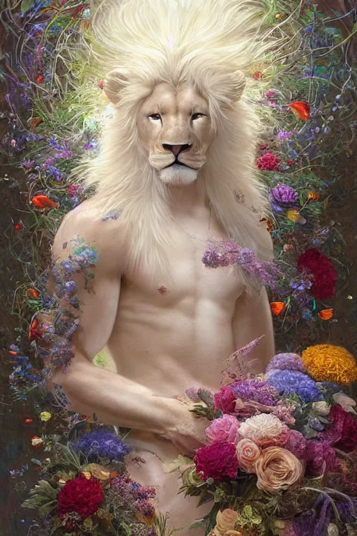 Image similar to portrait of a beautiful mysterious albino male furry anthro lion holding a bouquet of flowing flowers, mane flowing upwards, small bubbles surrounding him, hands hidden under the bouquet, submerged underwater filled with colorful small fish and coral reef, fantasy, regal, intricate, by stanley artgerm lau, greg rutkowski, thomas kindkade, alphonse mucha, loish, norman rockwell