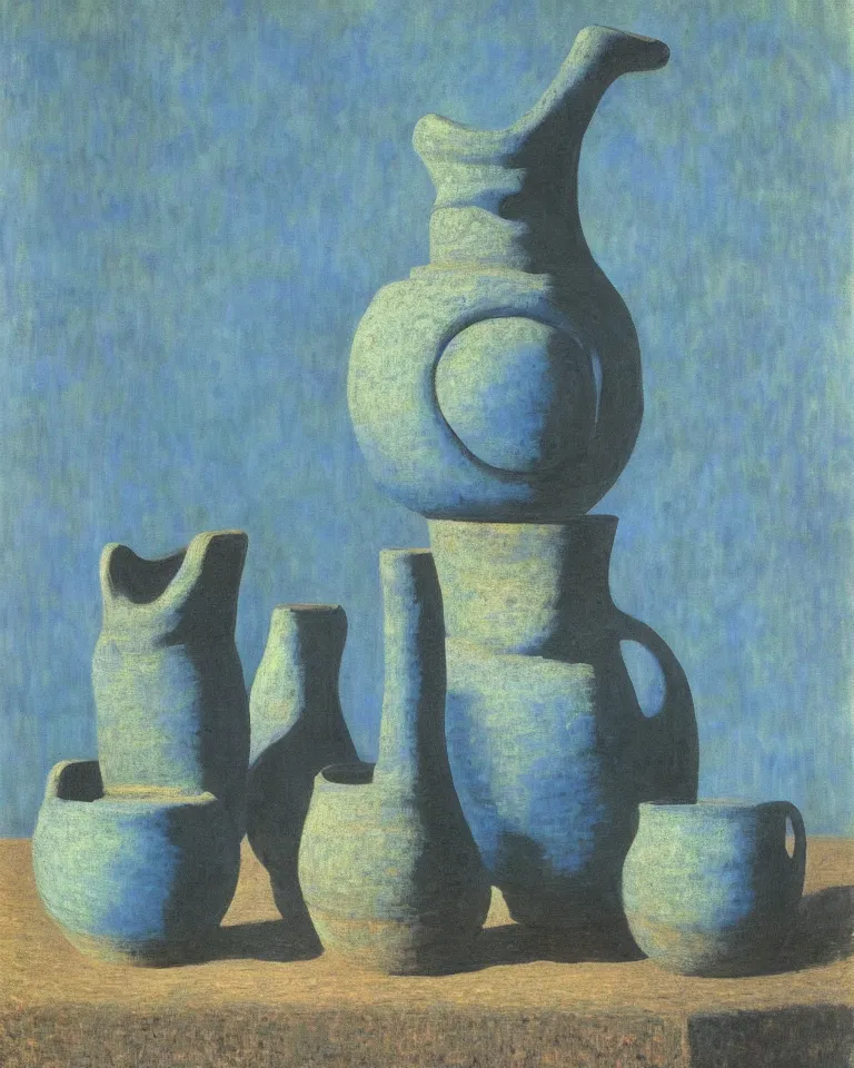 Prompt: achingly beautiful painting of incan pottery on baby blue background by rene magritte, monet, and turner. piranesi.