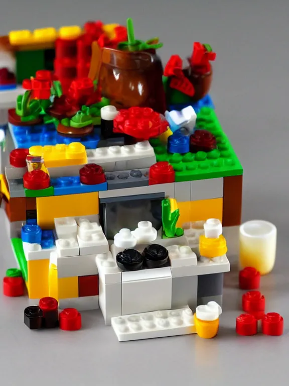 Image similar to miniature lego diorama of yogurt with fruits