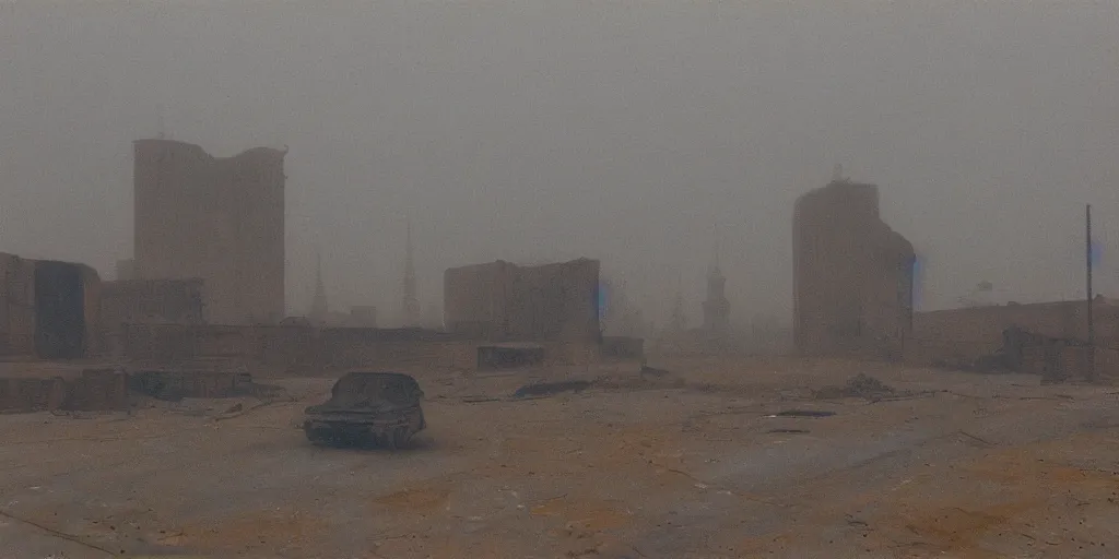 Prompt: a melancholic post-apocalyptic Moscow, ruins, bunkers, Kremlin, destroyed by nuclear bomb, mutants roaming in the evening , atmosphere of silent hill, Todd Hido, painting by Diebenkorn, colors by Mark Rothko