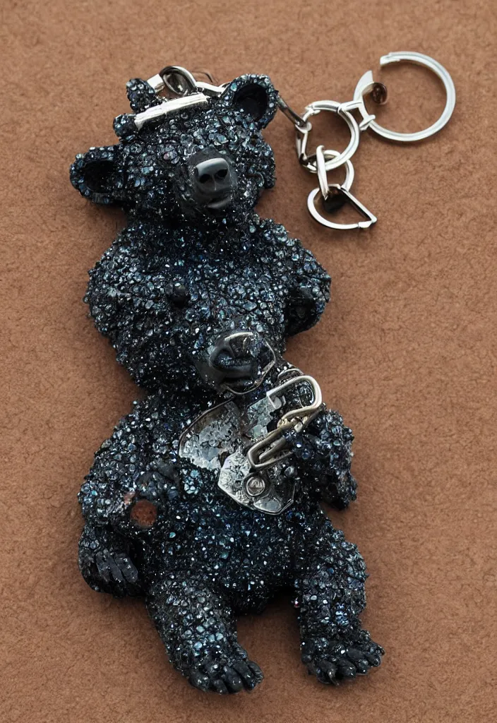 Image similar to a small deep coloured crystal bear keychain by greg rutkowski, sung choi, mitchell mohrhauser, maciej kuciara, johnson ting, maxim verehin, peter konig, 8 k photorealistic, cinematic lighting, hd, high details, dramatic, atmosphereric