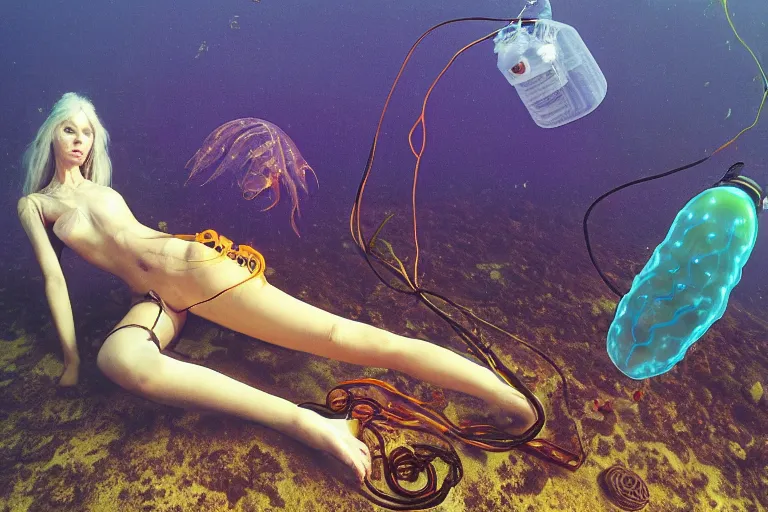 Prompt: high-angle view of a Ukrainian lush female jellyfish human hybrid wearing vacuum tube amp roman armor and transparent amber neck guard with transparent digital number readout floating in front of face, sitting inside of an underwater furnished airport terminal, large submersible vessel in the horizon silt rising from the seabed carpet floor, soviet computer console in seabed, ektachrome color photograph, volumetric lighting, off-camera flash, 24mm f8 aperture