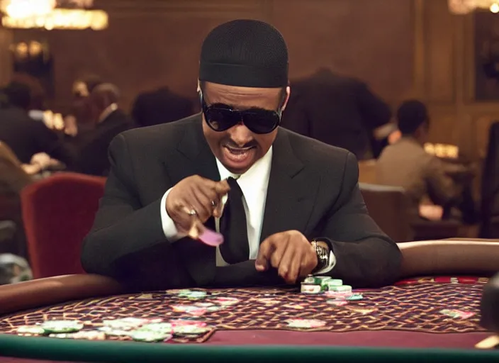 Image similar to film still of Stevie Wonder playing Poker in the new CASINO ROYAL movie, 8k