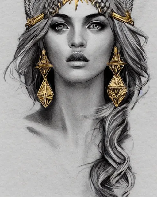Prompt: tattoo sketch of hot blonde super model as aphrodite the greek goddess wearing a gold laurel wreath and triangle earrings, beautiful piercing gaze with sharp pupils, in the style of greg rutkowski, fantasy, amazing detail, epic, elegant, smooth, sharp focus, front view
