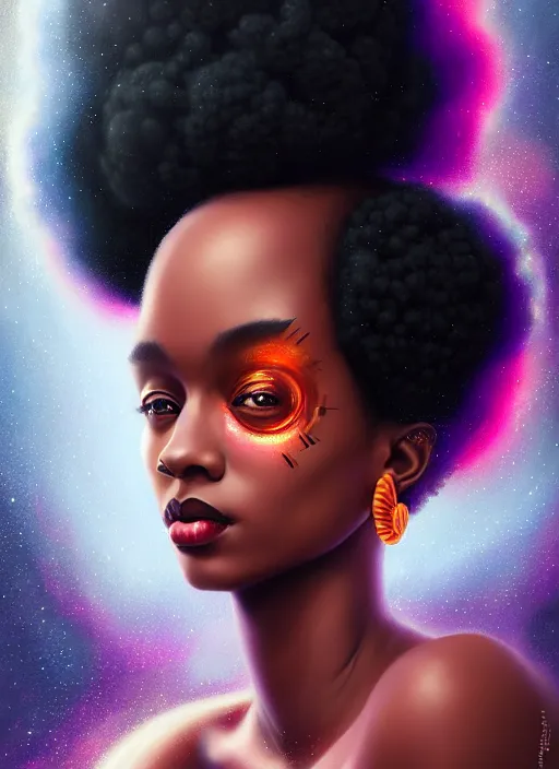 Image similar to portrait of young black woman with bantu knots, afro - futurist style, intricate, elegant, exploding nebulae, highly detailed, digital painting, artstation, concept art, smooth, sharp focus, illustration, art by wlop, mars ravelo and greg rutkowski