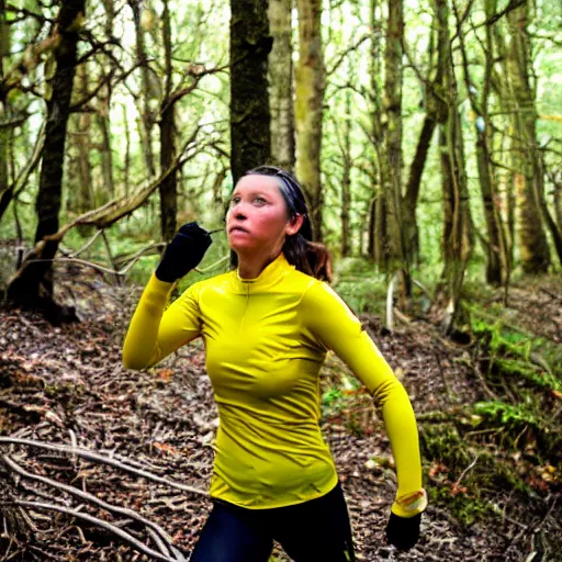 Image similar to a beautiful female orienteer wearing a yellow long - sleeved shirt and black tights runs in the forest, award winning photo, sigma 5 5.