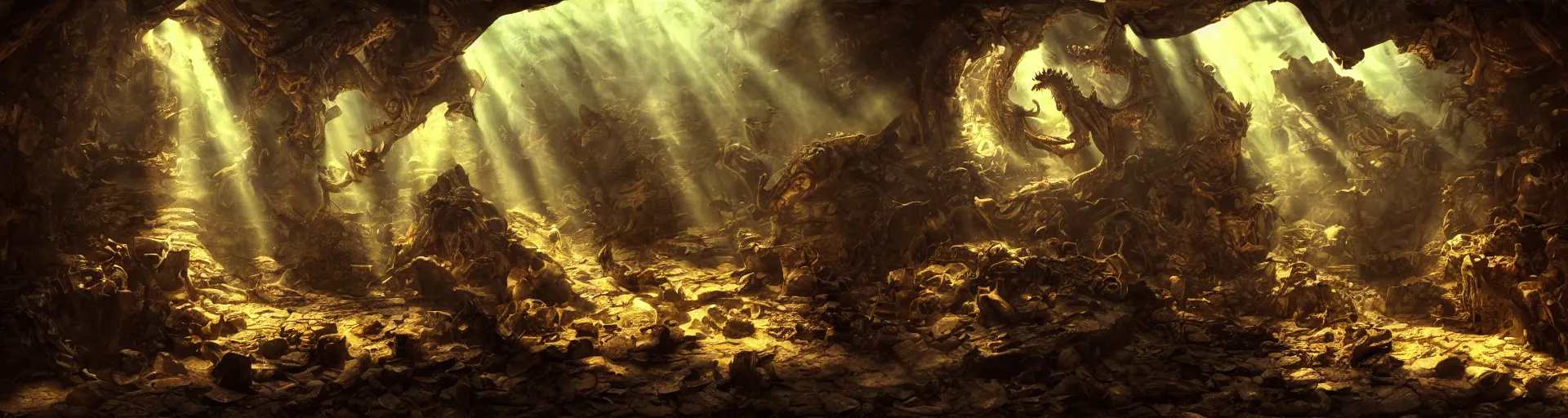 Prompt: A Dragon guards a horde of treasure in it's lair, shafts of sunlight appear from parts of the ruined interior. Chiaroscuro style painting. 4K.