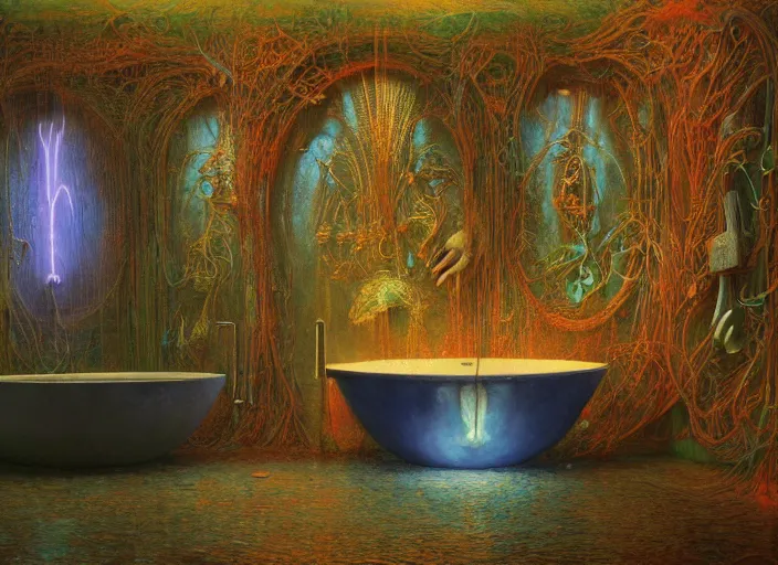 Image similar to A bathtub full of water, neon, RGB, glowing wires everywhere, decay, by Edgar Maxence and Ross Tran, Zdzisław Beksiński, and Michael Whelan, distant, gustav dore, H.R. Giger, 8k, octane render