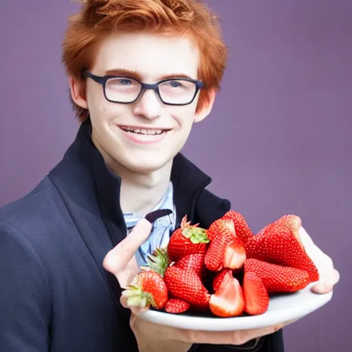 Prompt: a young man with auburn hair proudly holds a giant strawberry