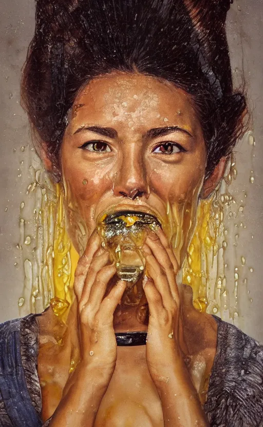 Prompt: portrait of an ancient girl, honey dripping on top of her, oil coming out of her mouth, gipper realistic, high tech!