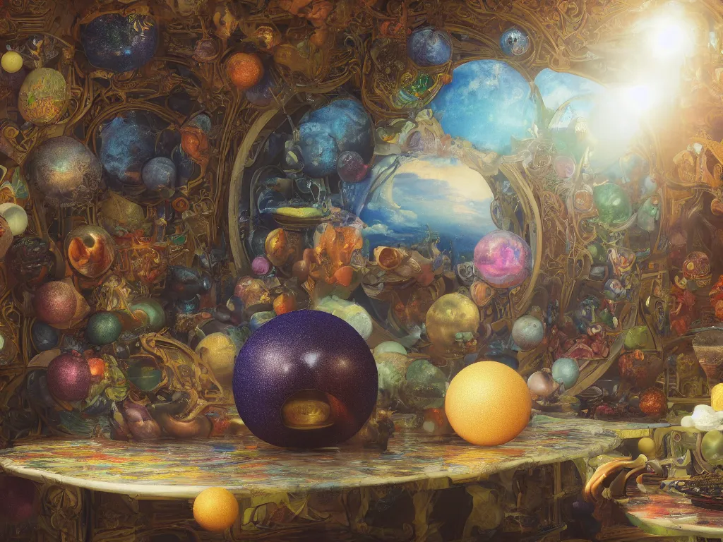 Image similar to 3 d render, sunlight study, the universe is a spheroid region 7 0 5 meters in diameter, art nouveau, by jan davidz de heem and ( ( ( ( ( lisa frank ) ) ) ) ), 8 k, sharp focus, octane render