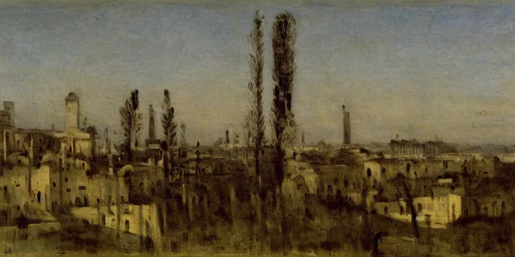 Prompt: The Invisible City by Calvino, painted by Camille Corot, oil on canvas