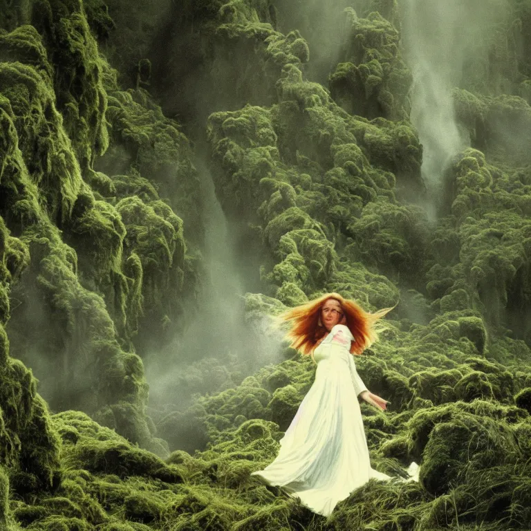 Image similar to bright and moody 1 9 7 0's artistic technicolor spaghetti western film, a large huge group of women in a giant billowing wide long flowing waving shining bright white dresses made of white smoke, standing inside a green mossy irish rocky scenic landscape, volumetric lighting, backlit, moody, atmospheric, fog, extremely windy, soft focus