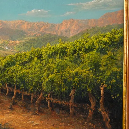 Prompt: highly detailed painting of a cliff side, at the bottom is a vineyard, thick brush strokes, visible paint layers.