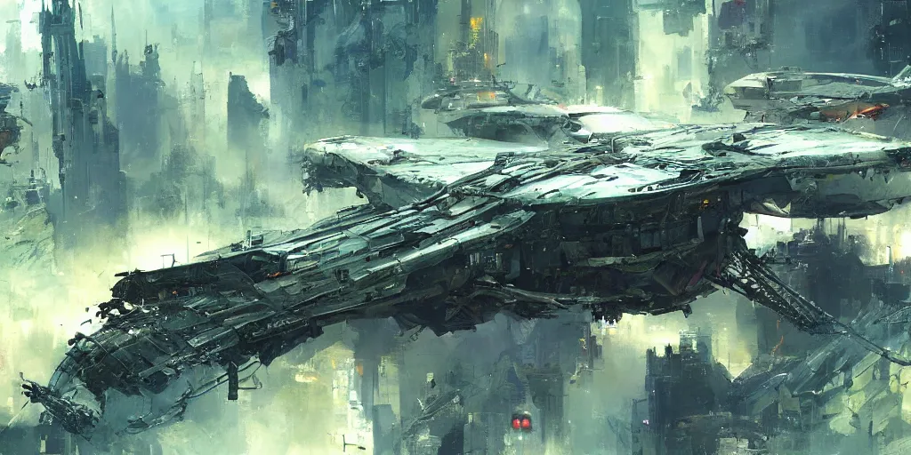 Image similar to hi - tech alien space ship crashed on dystopian earth, nyc 2 0 7 7, detailed, sharp focus, brush strokes, technicolor, by john berkey, craig mullins.