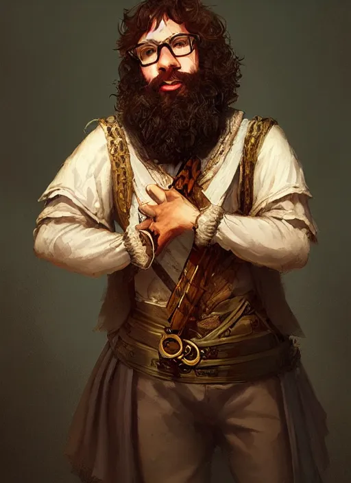 Prompt: illustration of rick moranis as a bard dressed in renaissance clothing with a big beard, by greg rutkowski artstation