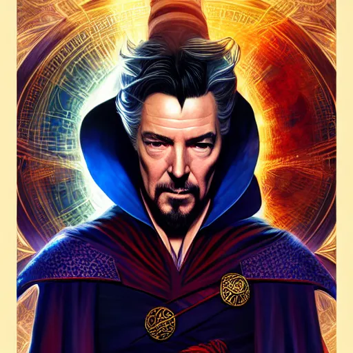 Prompt: glorious full head portrait of Leonard Cohen as Dr Strange, fantasy, intricate, elegant, digital painting, trending on artstation, concept art, sharp focus, illustration by Gaston Bussiere and artgerm, 4k.