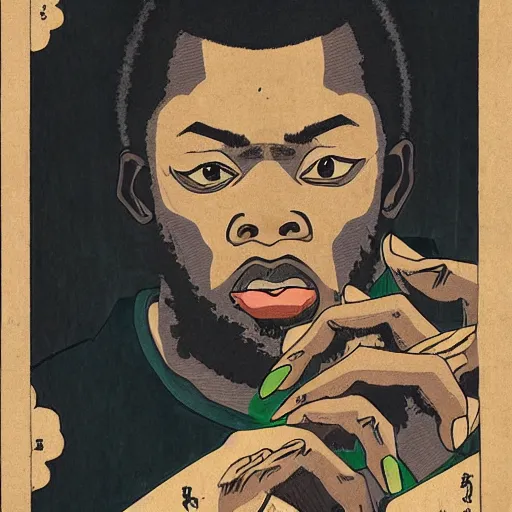 Image similar to GZA rapping, portrait, style of ancient text, hokusai