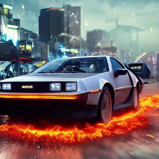 Prompt: a cyberpunk delorean breaking the space - time continuum, energy and time particles, dramatic framing, movie footage, 8 k