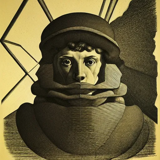 Image similar to lithography on paper conceptual figurative post - morden monumental portrait by goya and escher, illusion surreal art, highly conceptual figurative art, intricate detailed illustration, controversial poster art, polish poster art, geometrical drawings, no blur