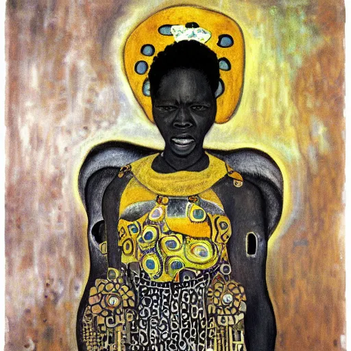 Image similar to ghost african women with tribal tatoo, klimt paint