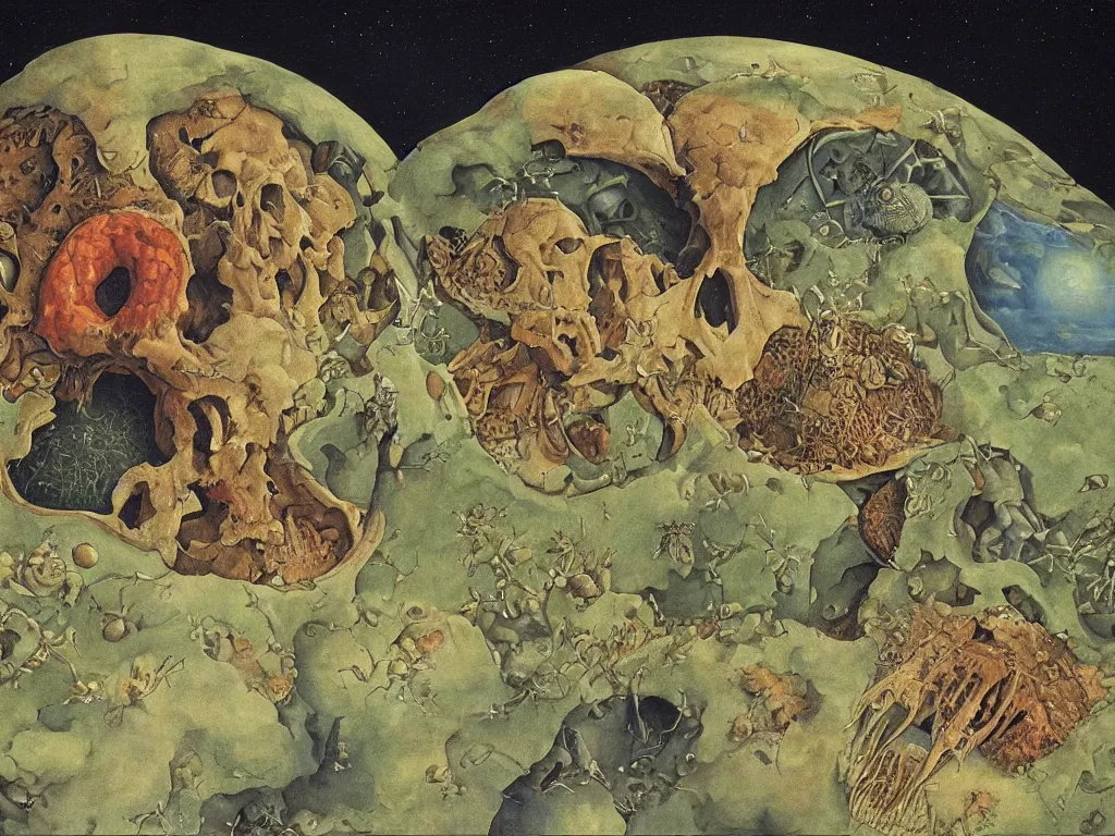 Prompt: The world as seen from the orbits of the skull. Painting by Lucas Cranach, Roger Dean.