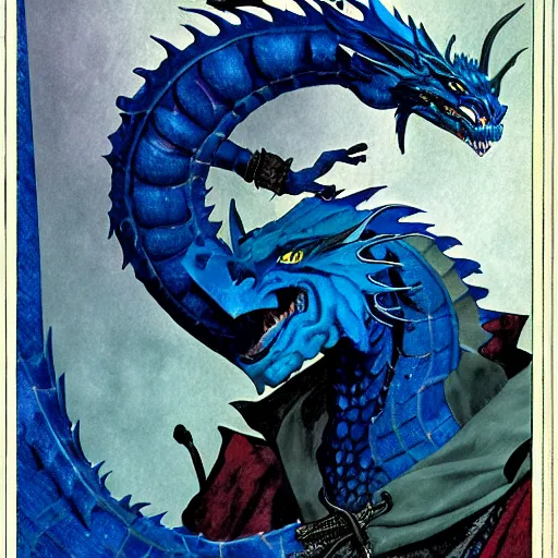 Image similar to half length portrait of a medieval d & d fantasy anthropomorphic blue dragon, comic book cover art by dave mckean