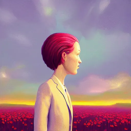 Image similar to giant daisy flower face, frontal, girl in a suit, surreal photography, sunrise, dramatic light, impressionist painting, digital painting, artstation, simon stalenhag