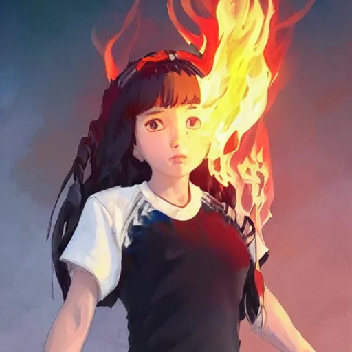 Image similar to Full body, splash art by WLOP, Ilya kuvshinov, Krenz Cushart, and Greg Rutkowski, trending on artstation. Realistic fantasy Native Indian young girl with dark skin and silky black hair, wearing a red-sleeved white t-shirt with jeans, she has fire powers, her hair is made out of astonishing fire flames, wide panorama of a Cinematic dramatic atmosphere of a mystic dense forest, full of foliage, sharp focus, soft volumetric studio lighting