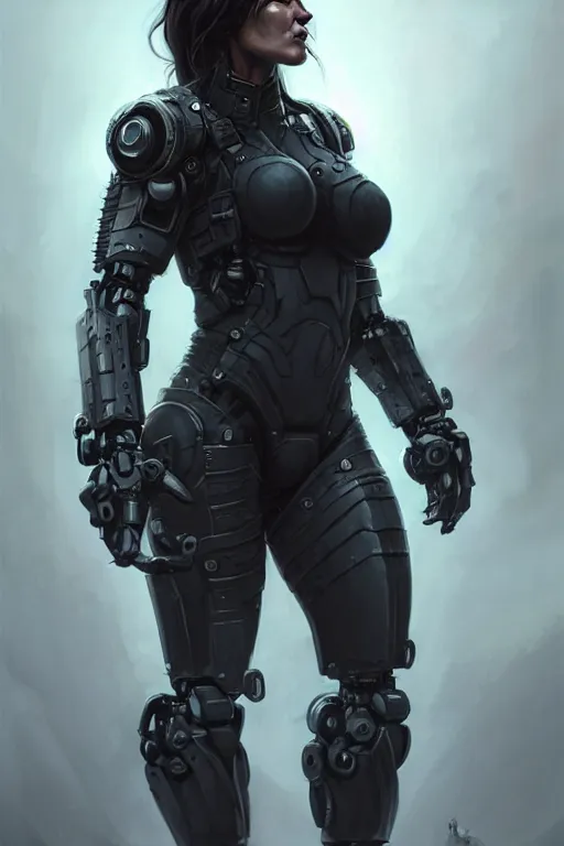 Image similar to gina carano as an ork with robotic left arm, casual black clothing, muscular, realistic proportions, casual pose, large portrait, sci - fi, shadowrun, rpg character, digital painting, artstation, concept art, smooth, 8 k frostbite 3 engine, ultra detailed, art by artgerm and greg rutkowski and magali villeneuve