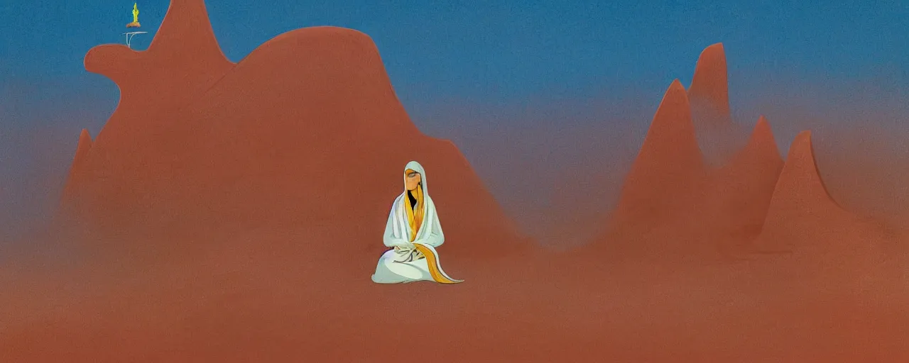 Image similar to deep golden sand desert, sand dunes, small oasis, sand mists, red sandstone natural sculptures, desert flowers, subtle color variations, highly detailed, wind, a white robed benevolent magician clothed in a royal garment in contemplation meditating upon God, by Eyvind Earle and Mary Blair