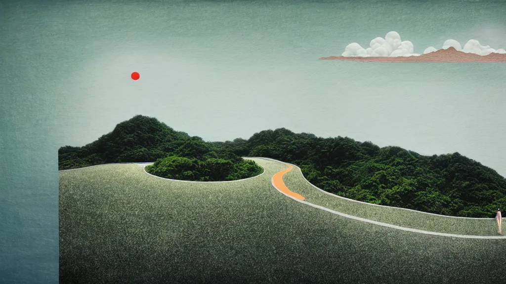 Image similar to dramatic landscape of okinawa prefecture, japan, a collage painting, in the style of wes anderson, lola dupre, david hockney, isolated on negative white space background dark monochrome neon fluorescent spraypaint accents volumetric octane render