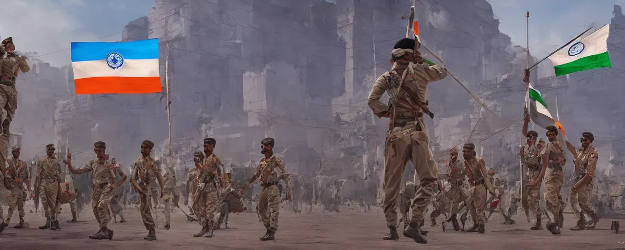 Prompt: indian soldiers hoisting the indian flag on independence day, 8 k uhd, unreal engine, octane render in the artstyle of finnian macmanus, john park and greg rutkowski