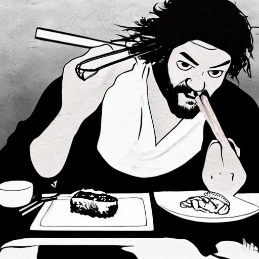 Image similar to pencil illustration of Bam Margera eating sushi with chopsticks highly detailed